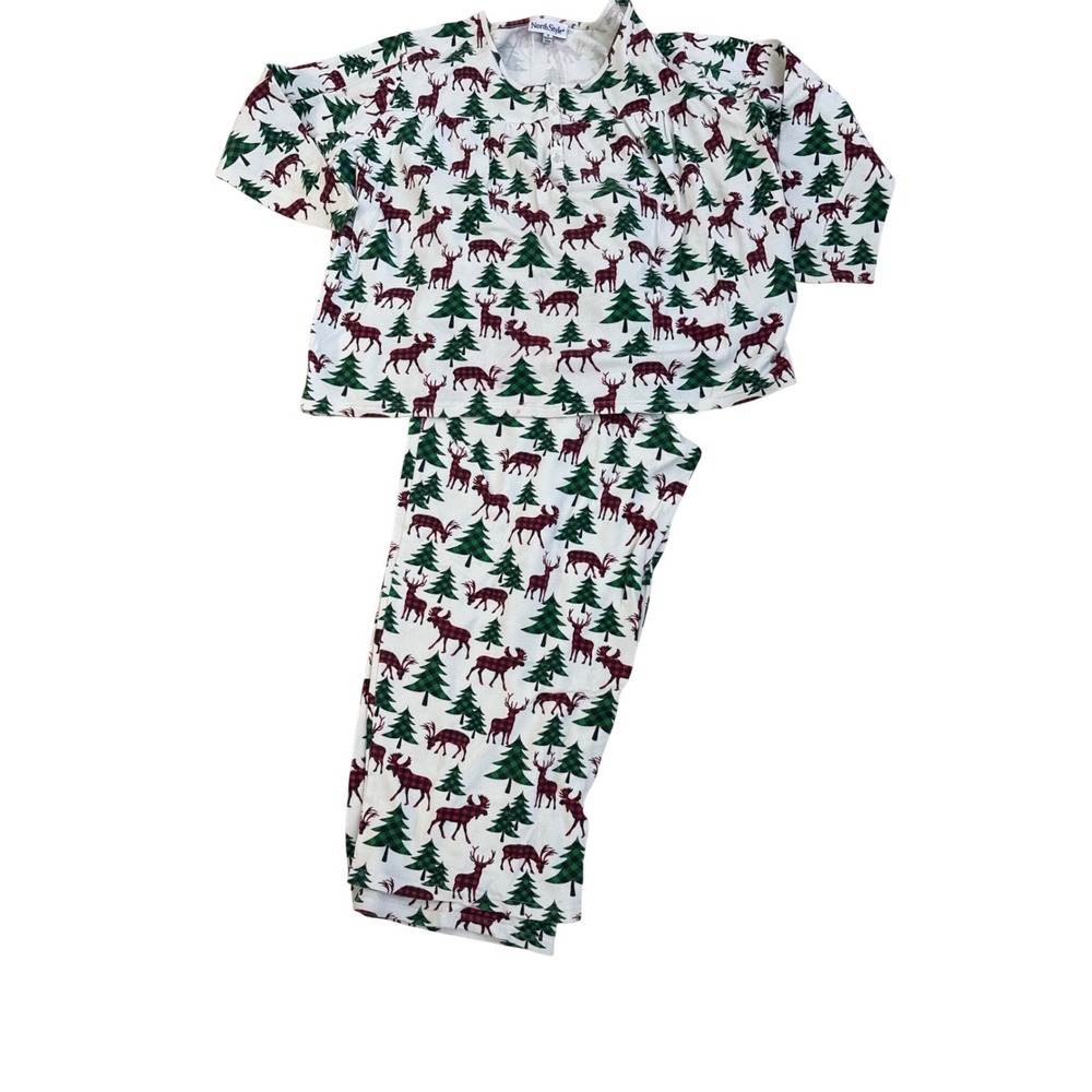 North Style Womens Plus Size 1X Pajama Set Long Sleeve Top Pants Deer Trees